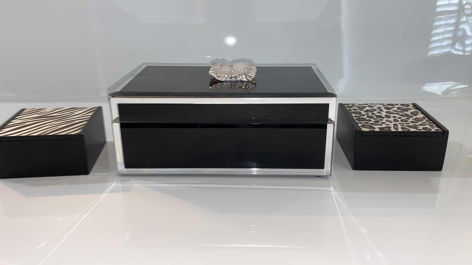 Photo 2 of BLACK BOX WITH STONE TOP  8 1/4“ x 5“ H 3 1/2” & ANIMAL WOOD TRINKET BOXES