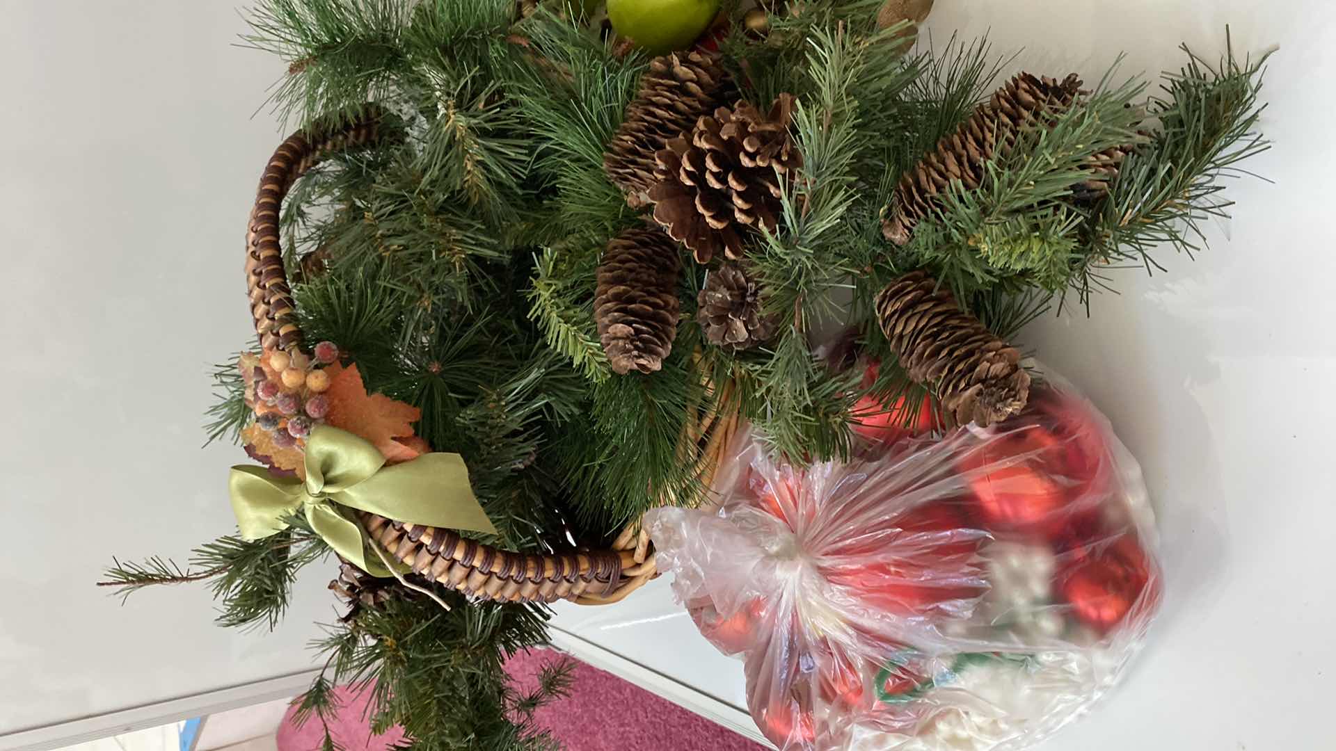 Photo 4 of FAUX FRUIT AND BASKET WITH PINE BRANCHES AND RED HOLIDAY BALLS