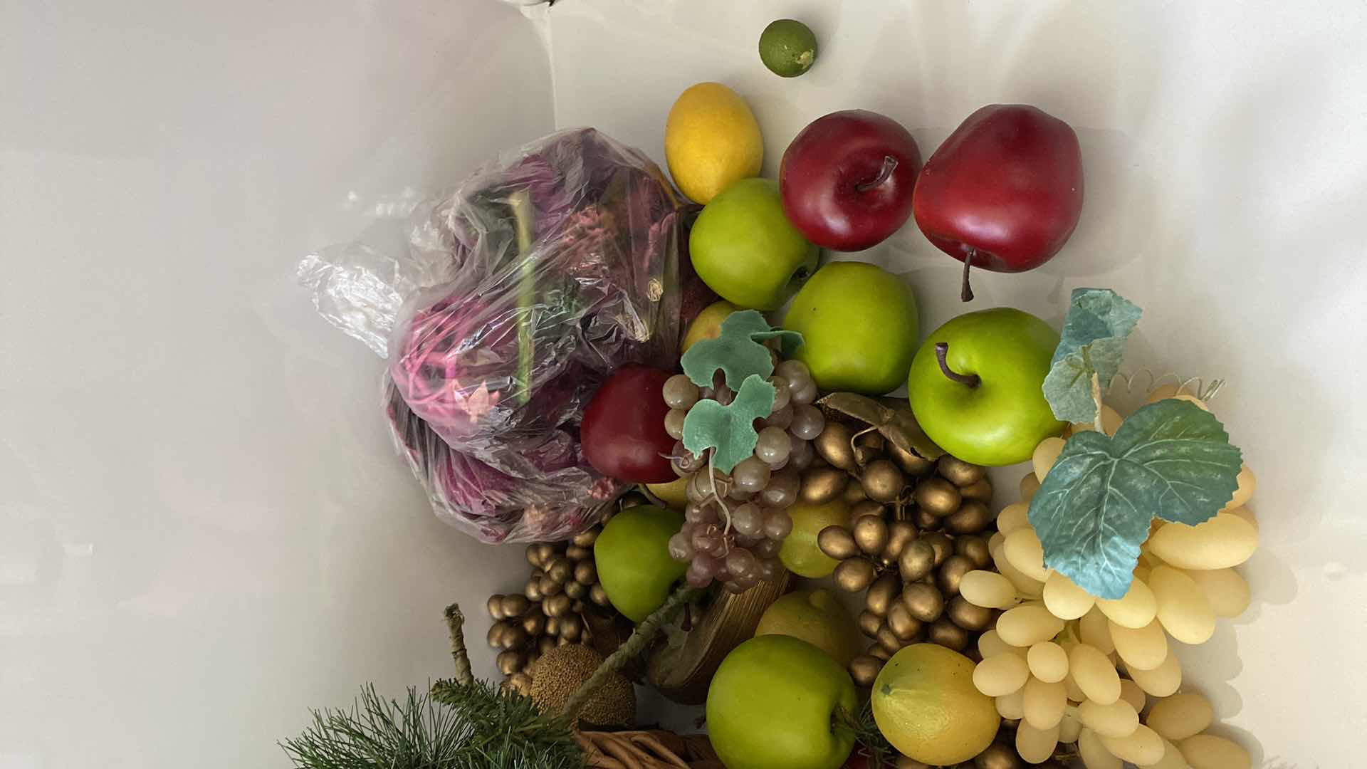 Photo 3 of FAUX FRUIT AND BASKET WITH PINE BRANCHES AND RED HOLIDAY BALLS