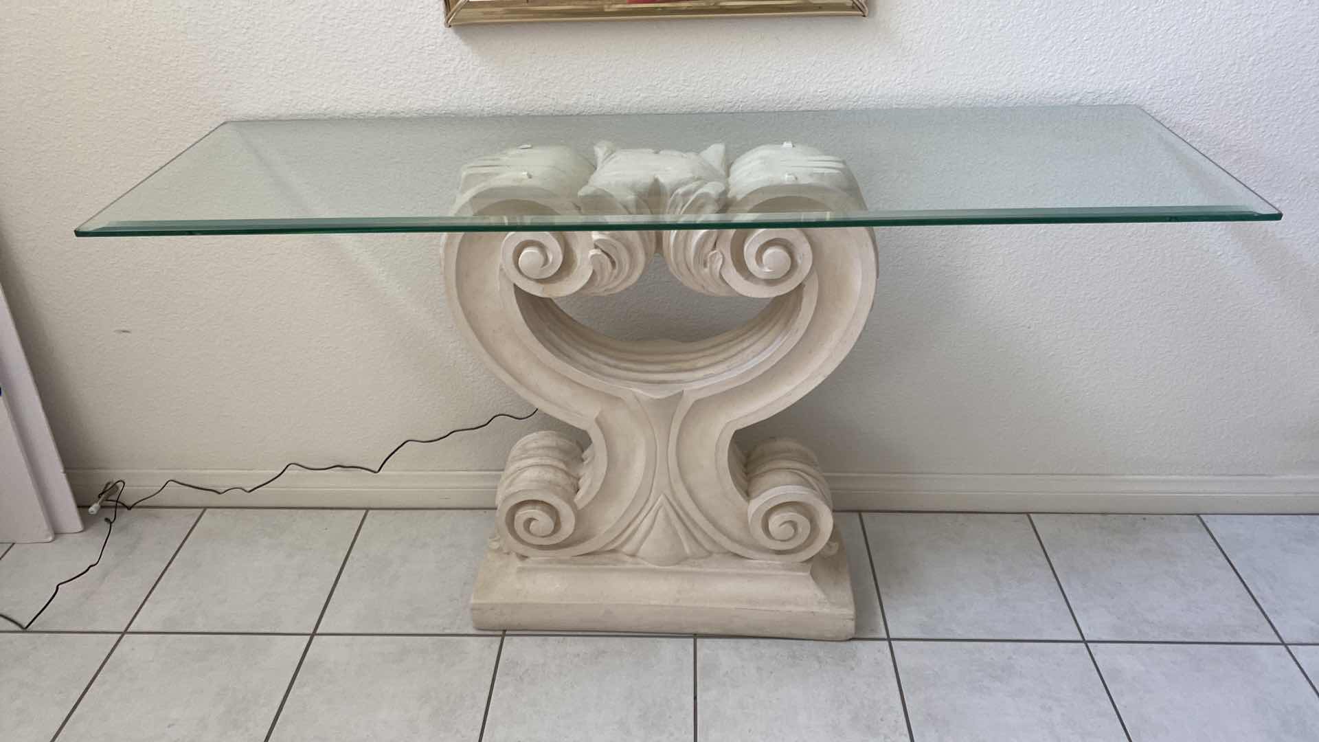 Photo 2 of CONSOLE TABLE WITH PLASTER ACANTHUS LEAF DESIGN & BEVELED GLASS TOP 52“ x 16 H 29 1/2“