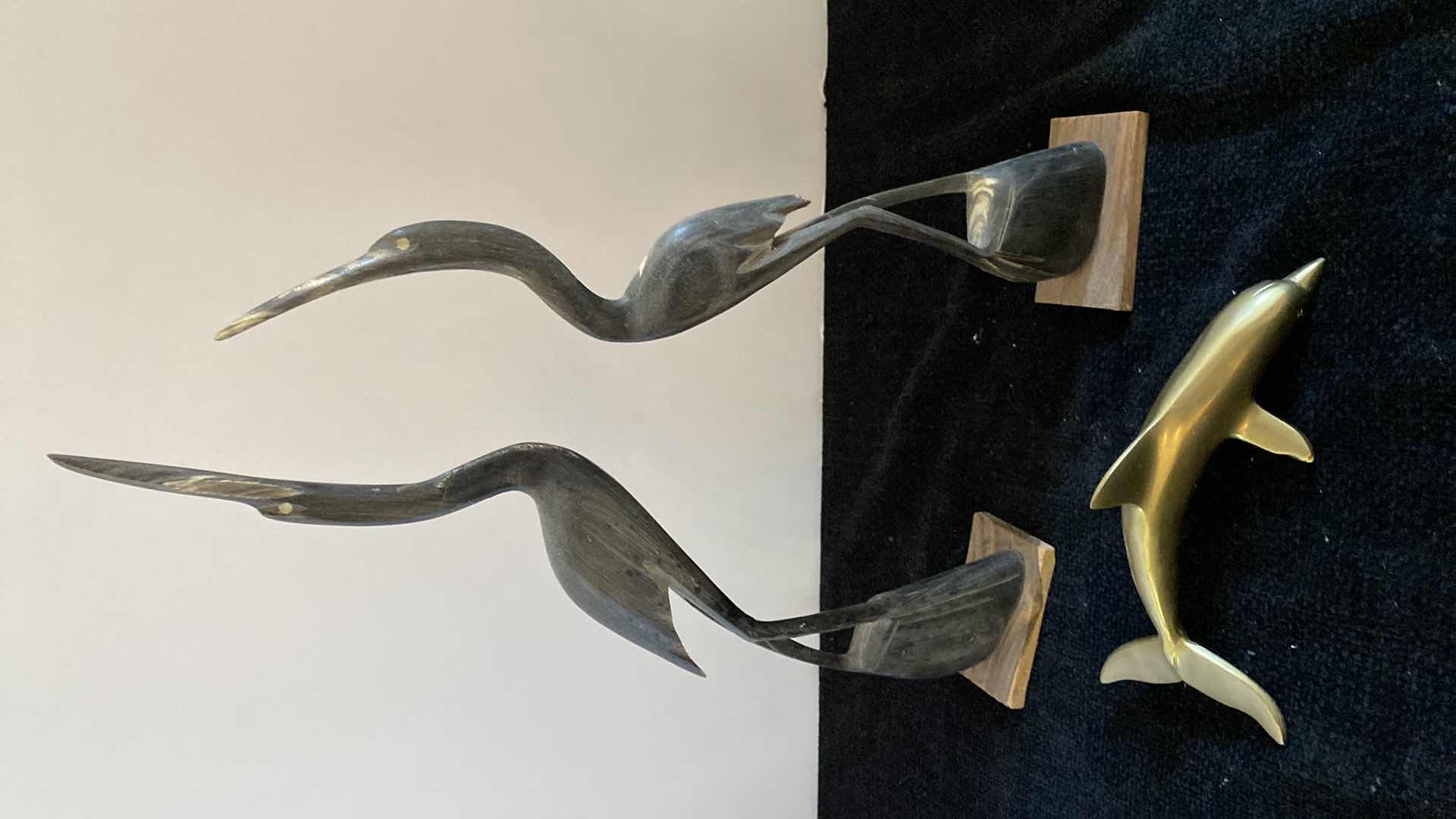 Photo 1 of PAIR Of WOOD CRANES H 15” & HEAVY BRASS DOLPHIN 7 1/4”