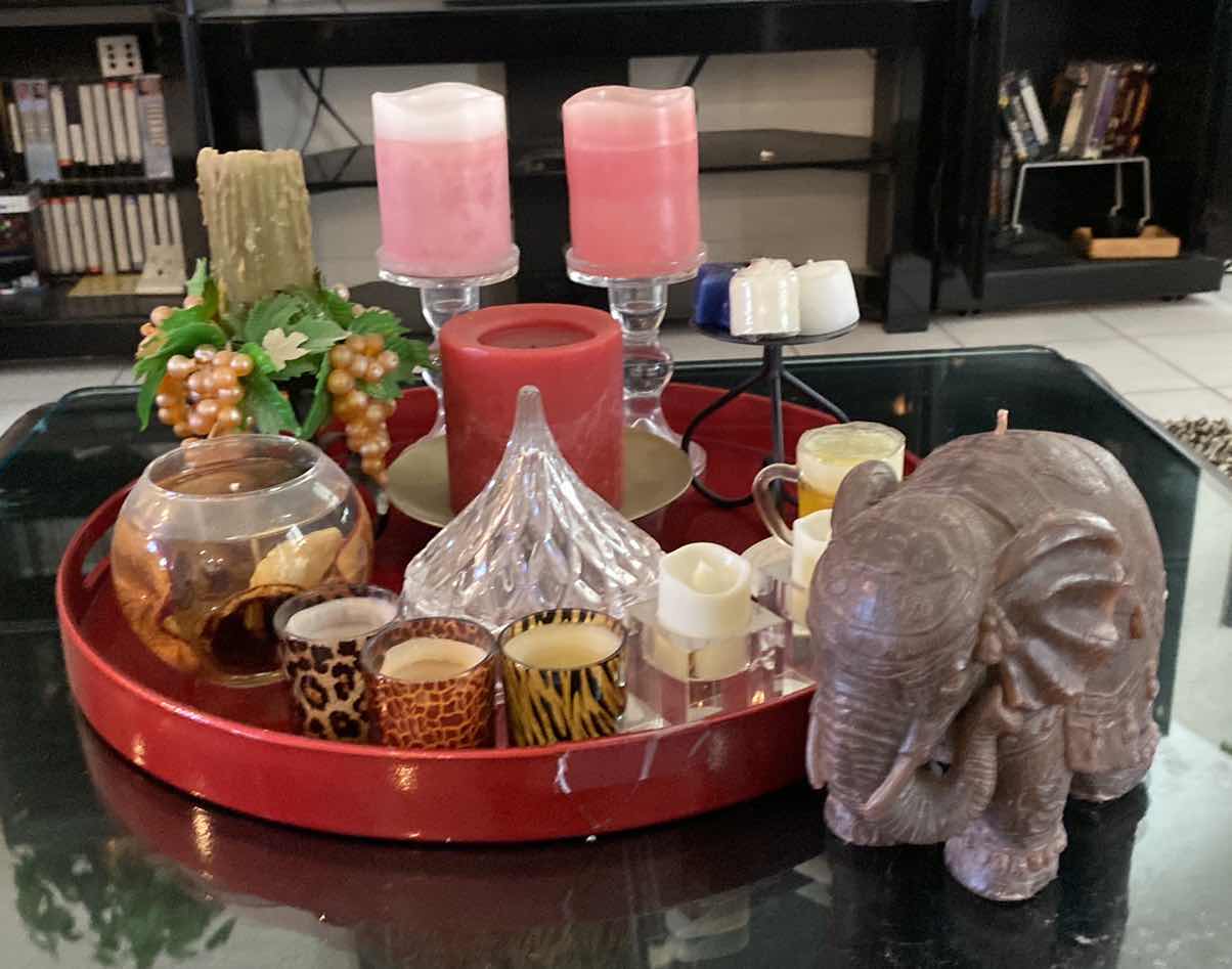 Photo 1 of TRAY WITH ASSORTED CANDLES, ELEPHANT CANDLE 7 1/2” x 6“