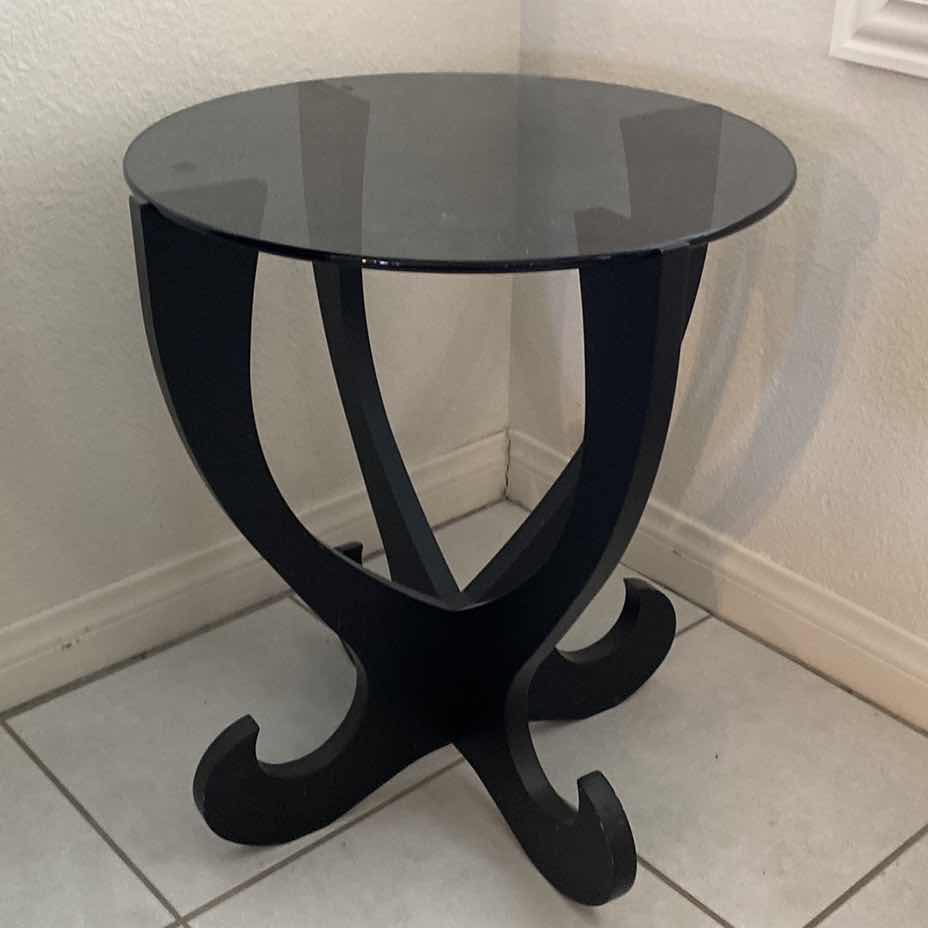 Photo 1 of BLACK WOOD ROUND TABLE WITH SMOKED GLASS TOP 17 1/2” x 21”