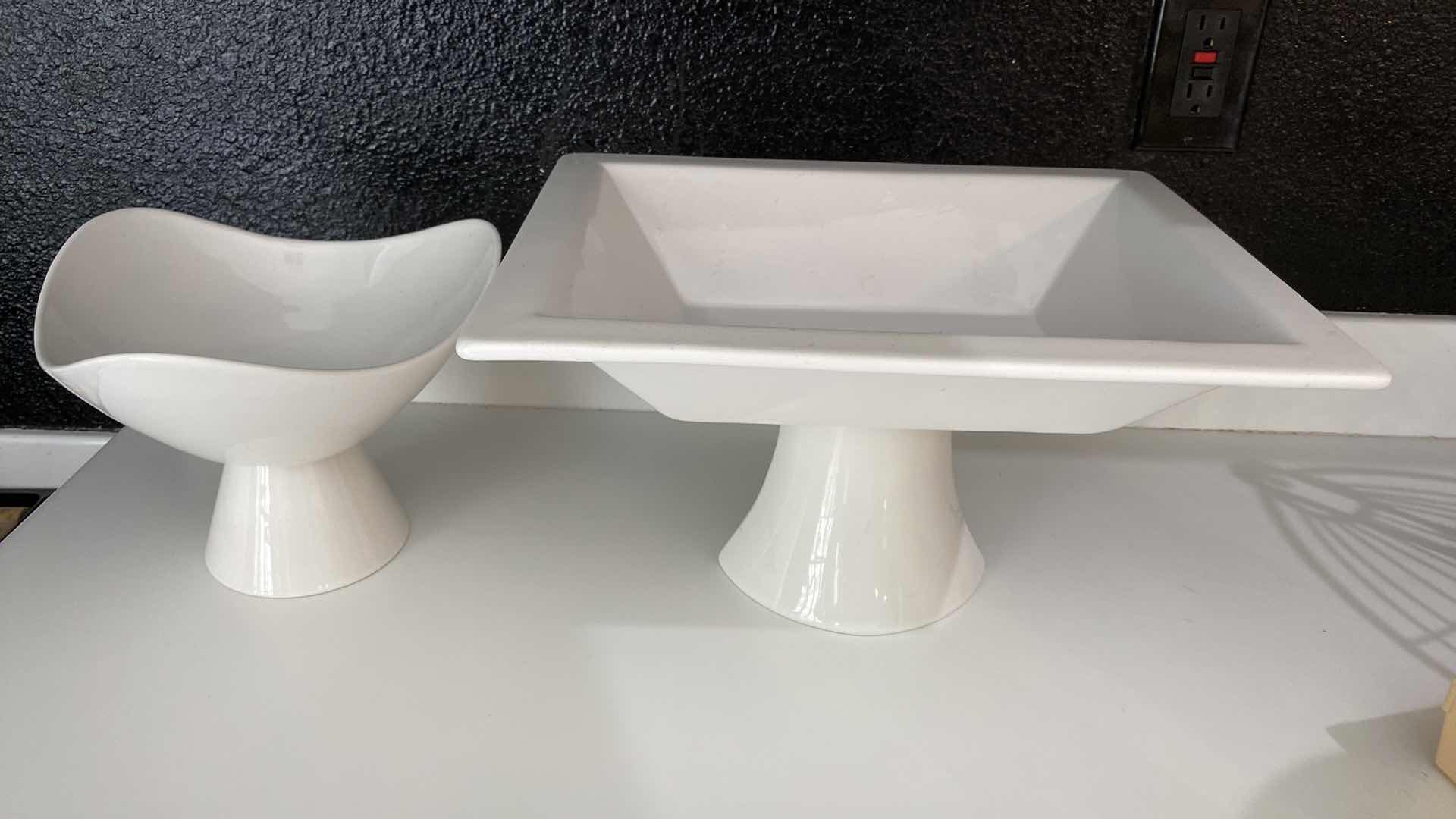 Photo 1 of CONTENTS OF KITCHEN CABINET SHELF - 2 PIECES OF WHITE CERAMIC SERVEWARE