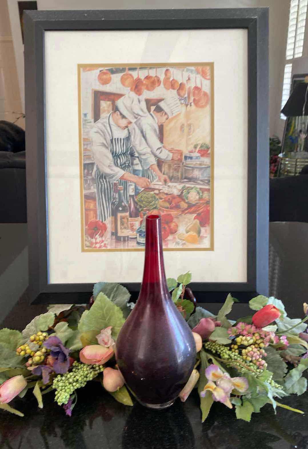 Photo 1 of FRAMED CHEF PRINT ARTWORK 19“ x 23“ & RED VASE H 12” WITH FAUX FLORAL