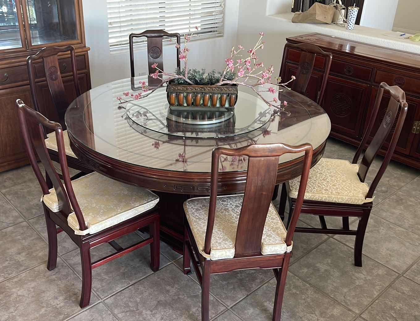 Photo 1 of ROUND PEDESTAL DINING TABLE ROSEWOOD, SIX CHAIRS AND GLASS TOP & LAZY SUSAN CENTER (TABLE D6’ X H30”) (CHAIR H40”)