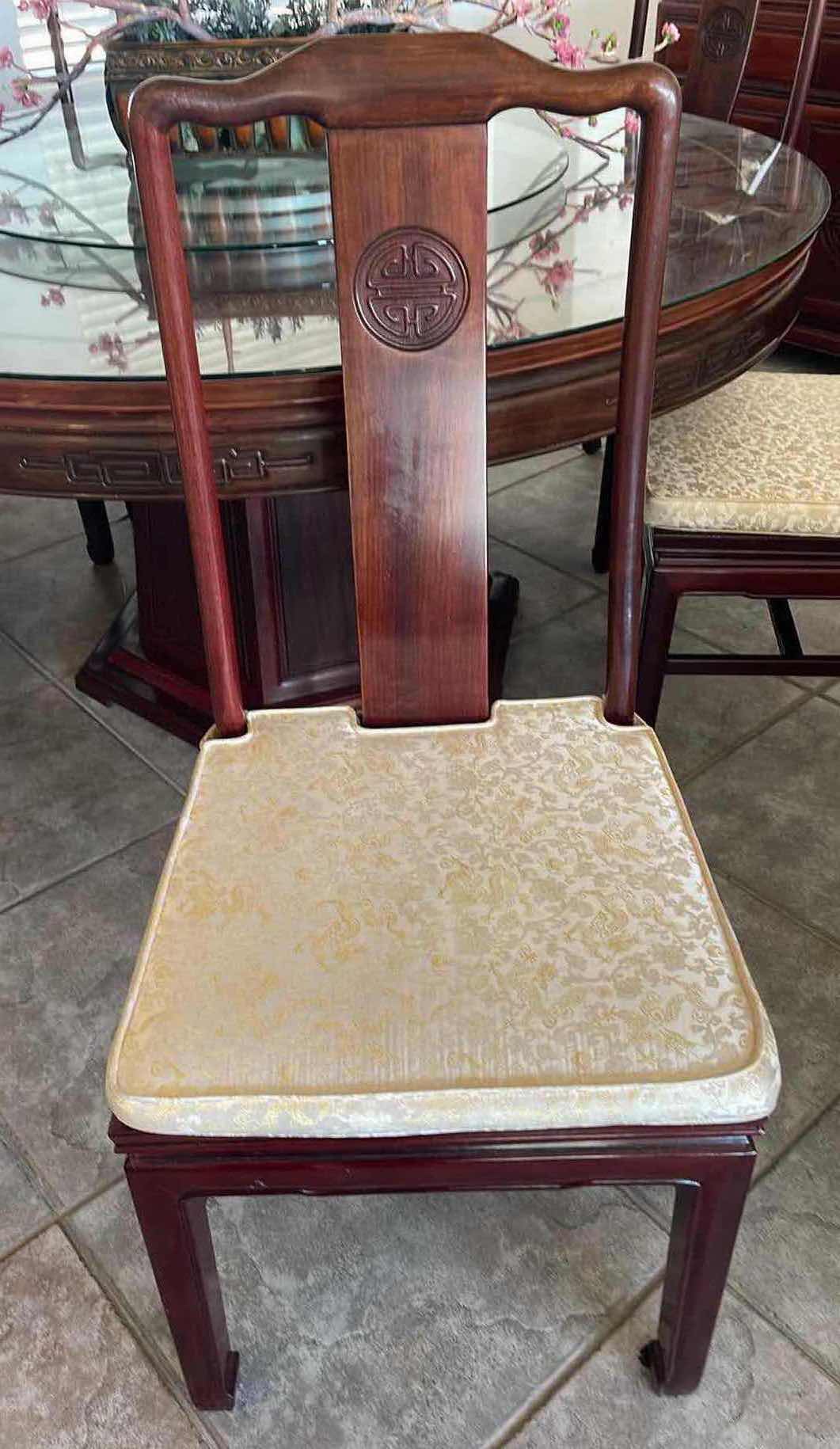 Photo 3 of 36" ROUND CHINESE DESIGN ROSEWOOD DINING TABLE W GLASS PROTECTIVE COVER & LAZY SUSAN,  6-MATCHING SIDE CHAIRS 