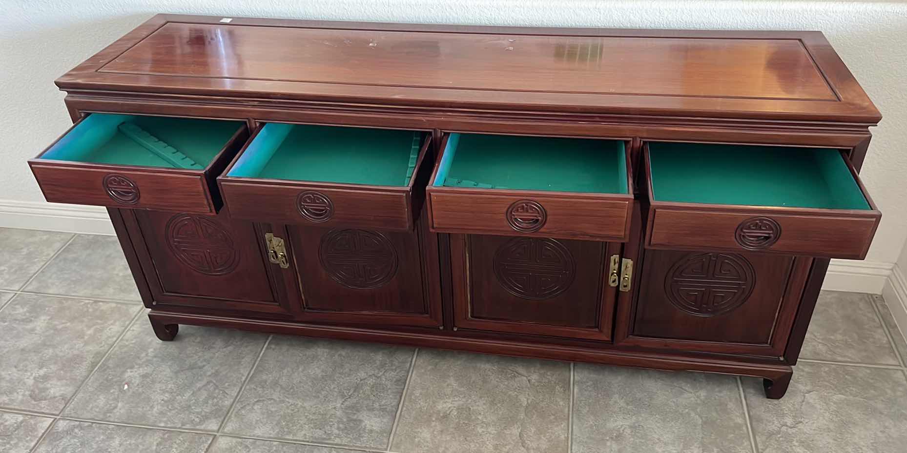 Photo 2 of ASIAN THEMED ROSEWOOD BUFFET SIDEBOARD CABINET WITH BRASS HARDWARE 72” X 19” X H34”