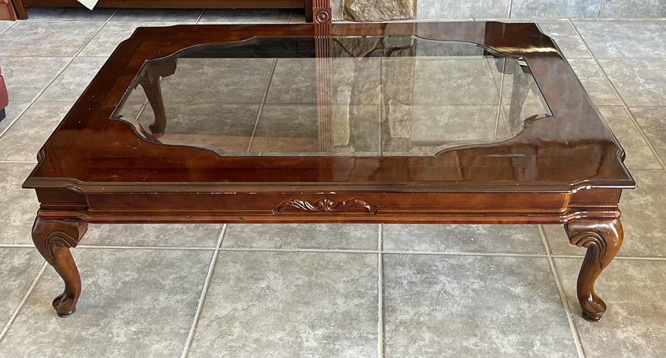 Photo 1 of CARVED DESIGN WOODEN & GLASS COFFEE TABLE 54” X 40” X H16”