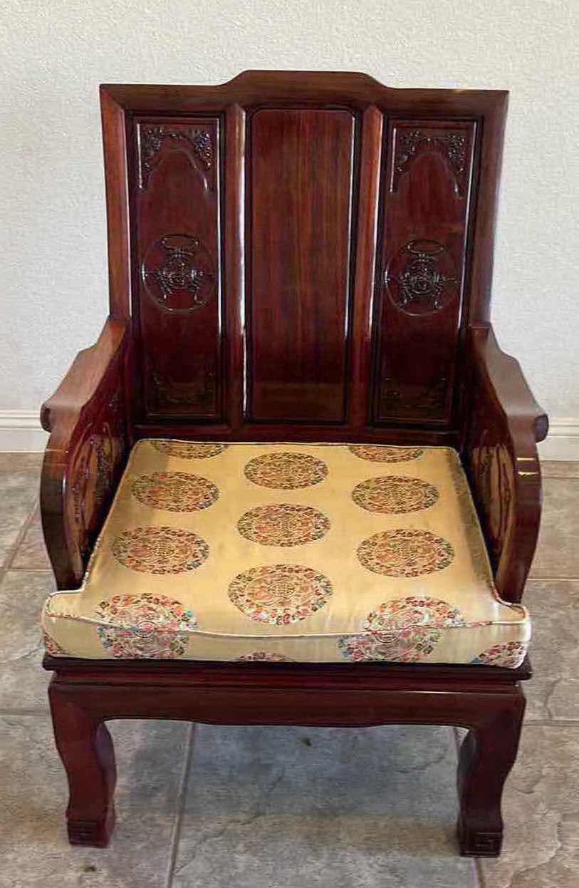 Photo 1 of ANTIQUE CHINESE ROSEWOOD CARVED THRONE CHAIR   27.25” X 23.25”  H40”