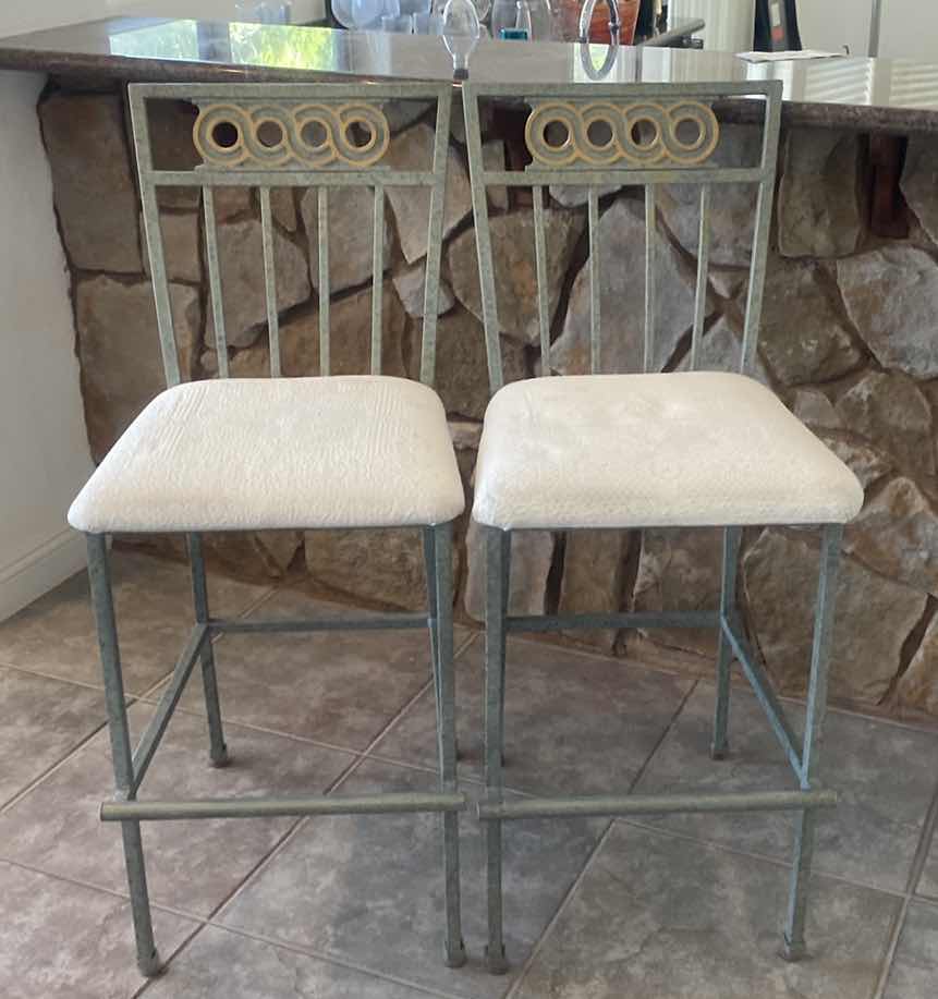 Photo 1 of PAIR OF GREEN METAL BARSTOOLS SEAT HEIGHT 29”