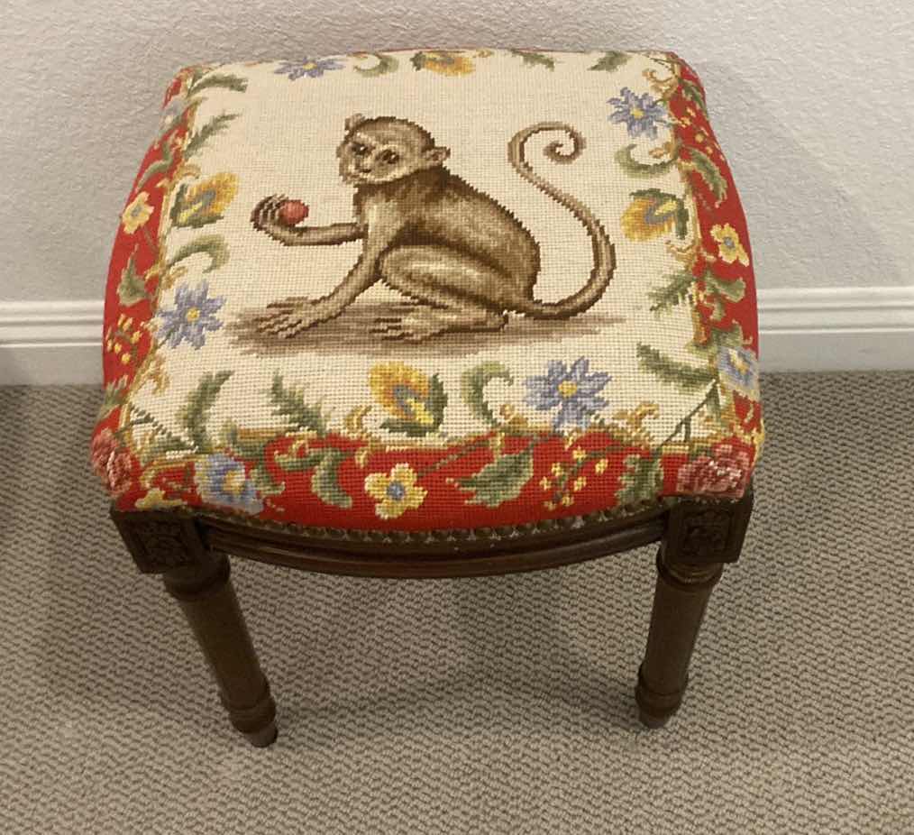 Photo 1 of WOOD STOOL WITH NEEDLEPOINT MONKEY 16 1/2“ x 16 1/2“ H18” - 2 available each sold separately