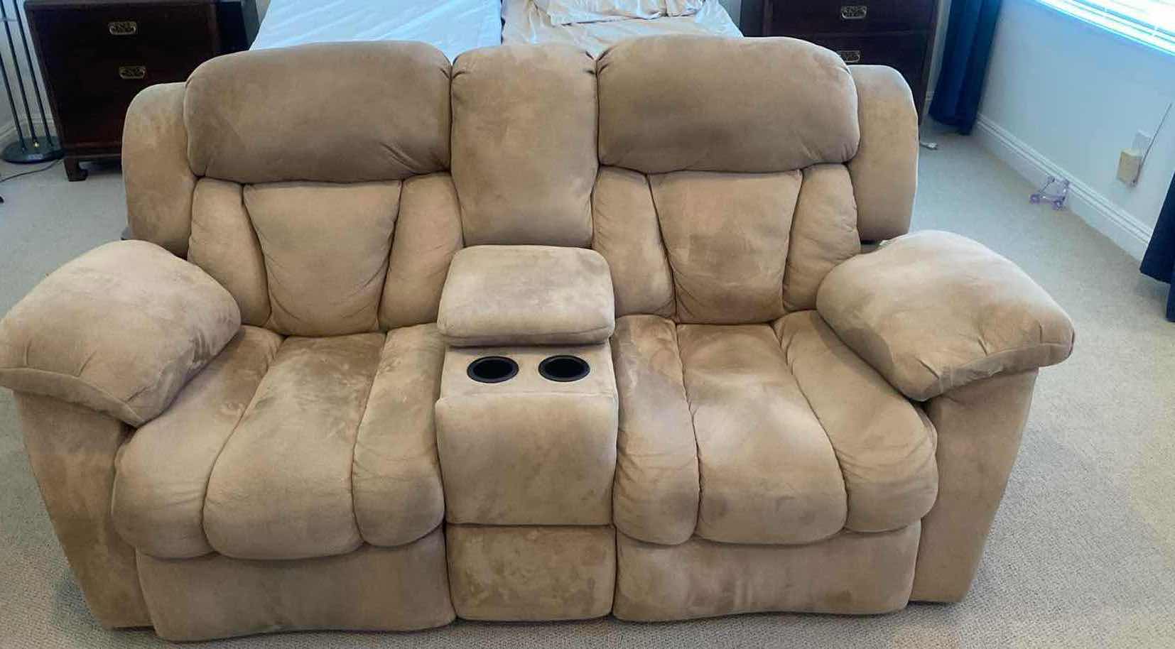 Photo 1 of TAN MY MICROFIBER LOVE SEAT WITH CENTER CONSOLE 80” x 36” x 34 1/2”