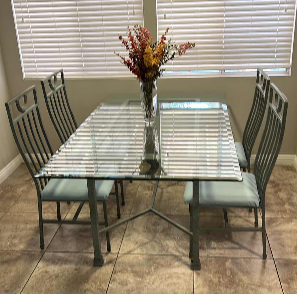Photo 1 of METAL DINING ROOM TABLE WITH GLASS TOP AND 4 CHAIRS 42” x 6’ x H29.5”