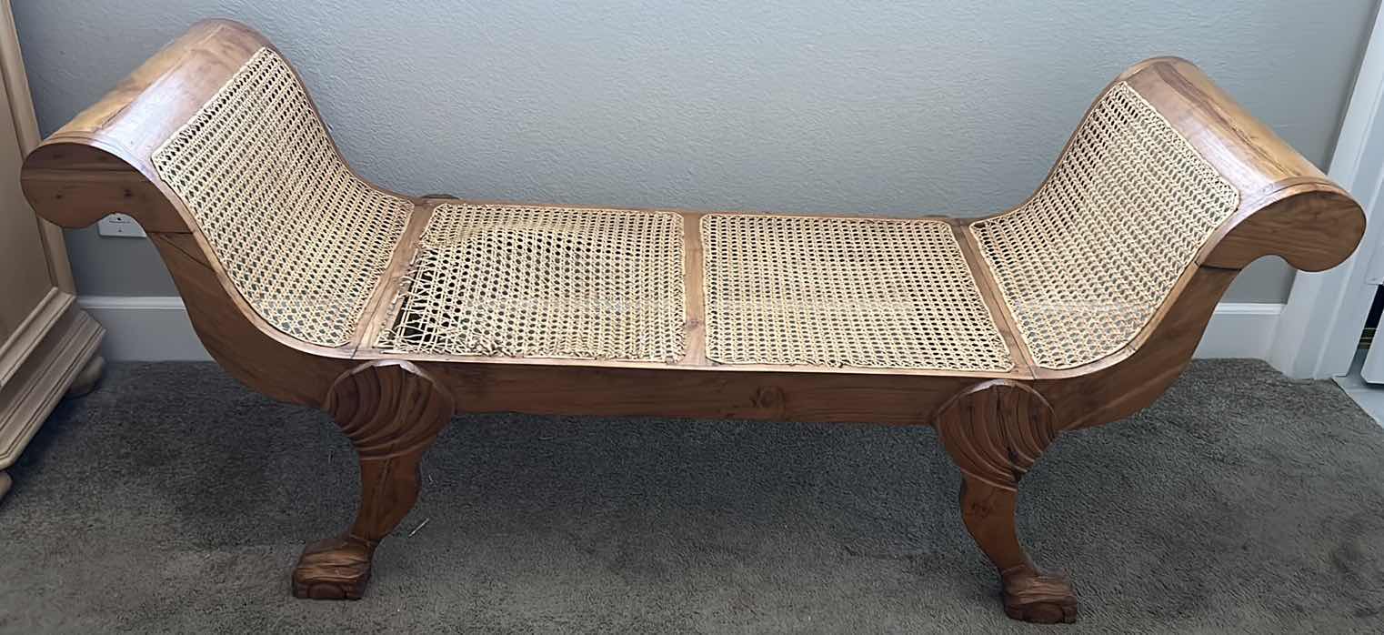 Photo 1 of VINTAGE CANE BOTTOM CARVED WOOD BENCH 66” x 22” x 27”
