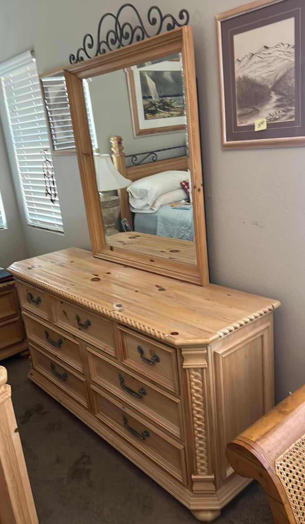 Photo 7 of 7 DRAWER NATURAL GRAIN WOOD DRESSER  64“ x 21” x H32 “ AND MIRROR WITH METAL ACCENTS