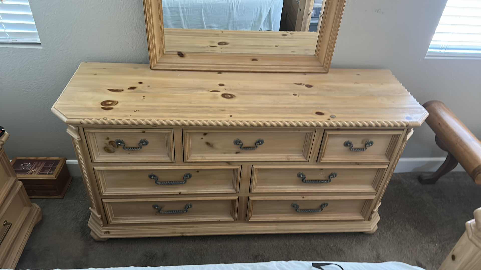 Photo 2 of 7 DRAWER NATURAL GRAIN WOOD DRESSER  64“ x 21” x H32 “ AND MIRROR WITH METAL ACCENTS