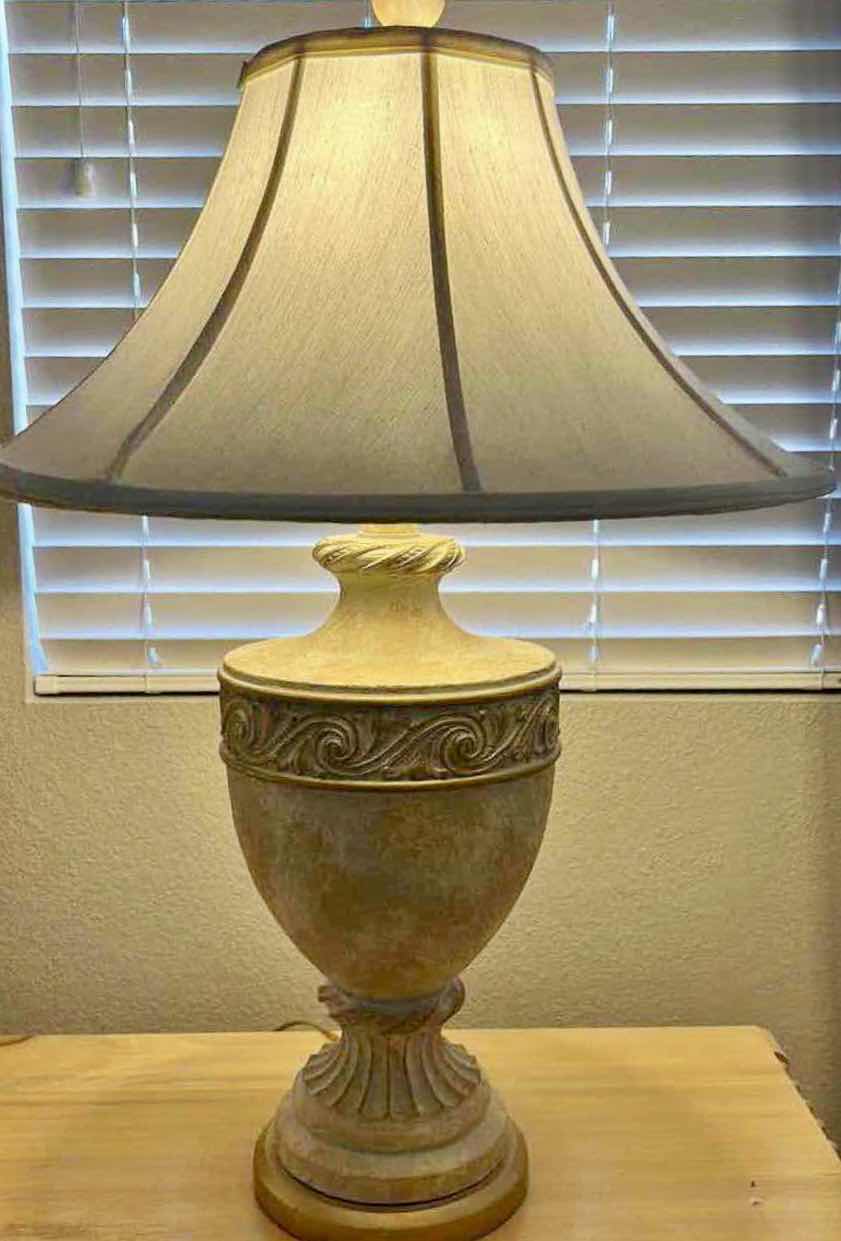 Photo 1 of HEAVY CERAMIC GRECIAN STYLE LAMP WITH IVORY LINEN SHADE H32”