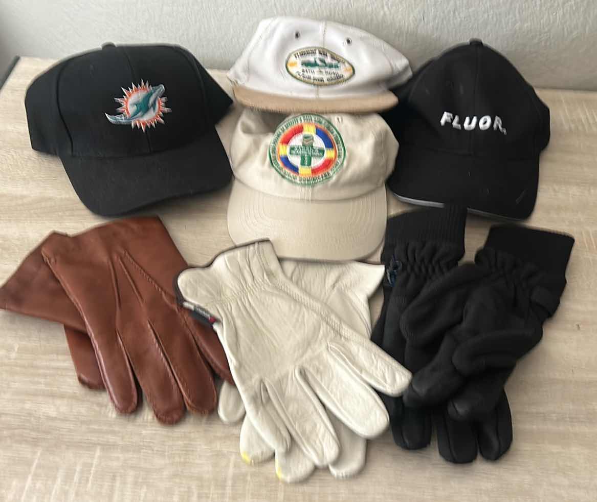 Photo 1 of 4 BASEBALL CAPS AND 3 PAIRS OF GLOVES