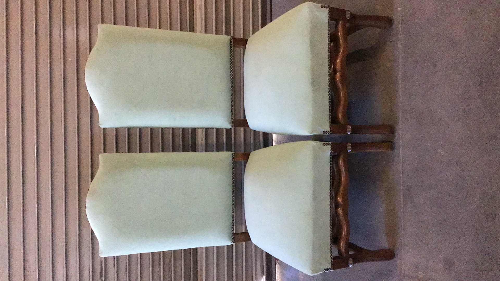 Photo 1 of FRENCH STYLE LIGHT GREEN UPHOLSTERED ARMLESS DINING CHAIRS (2) 20” X 23” H34"