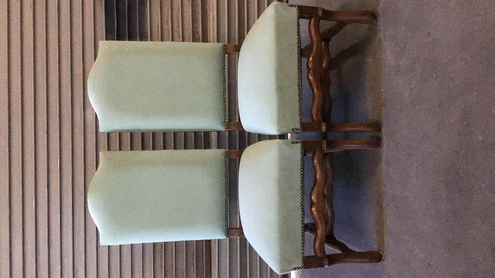 Photo 1 of FRENCH STYLE LIGHT GREEN UPHOLSTERED ARMLESS DINING CHAIRS (2) 20” X 23” H34"