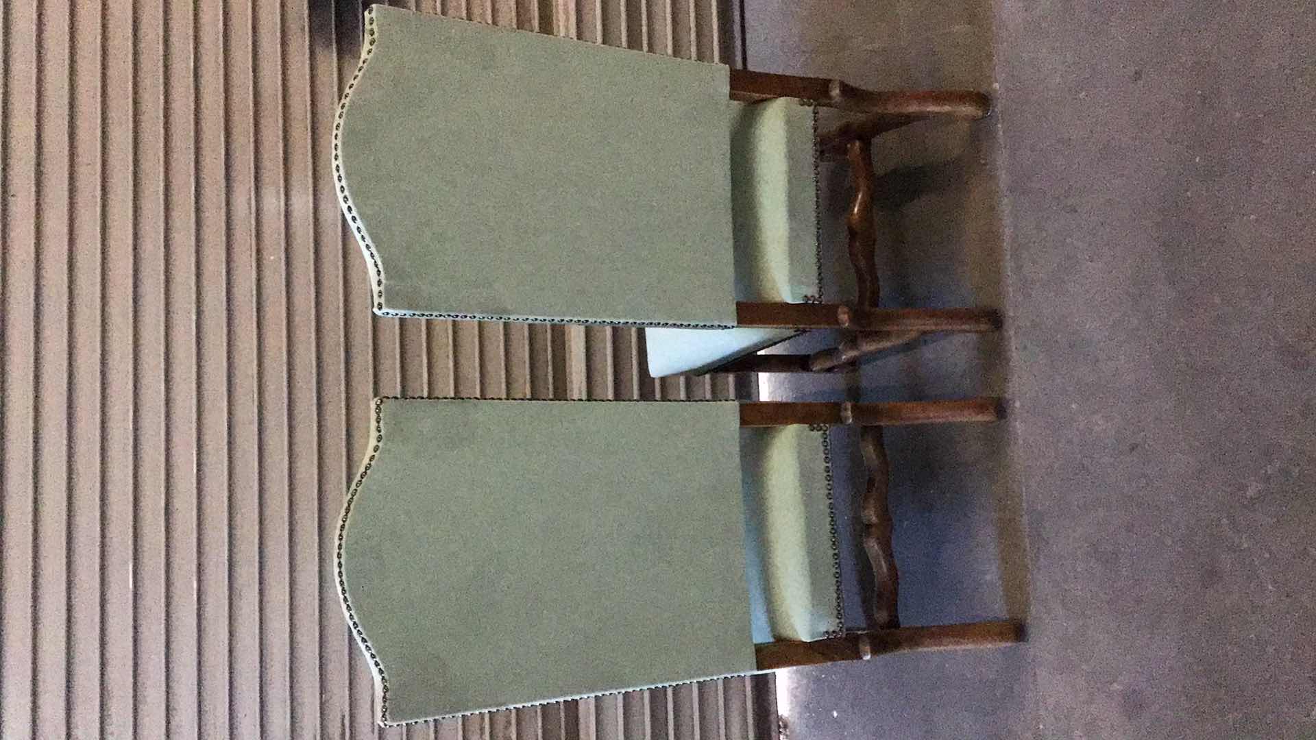 Photo 2 of FRENCH STYLE LIGHT GREEN UPHOLSTERED ARMLESS DINING CHAIRS (2) 20” X 23” H34"