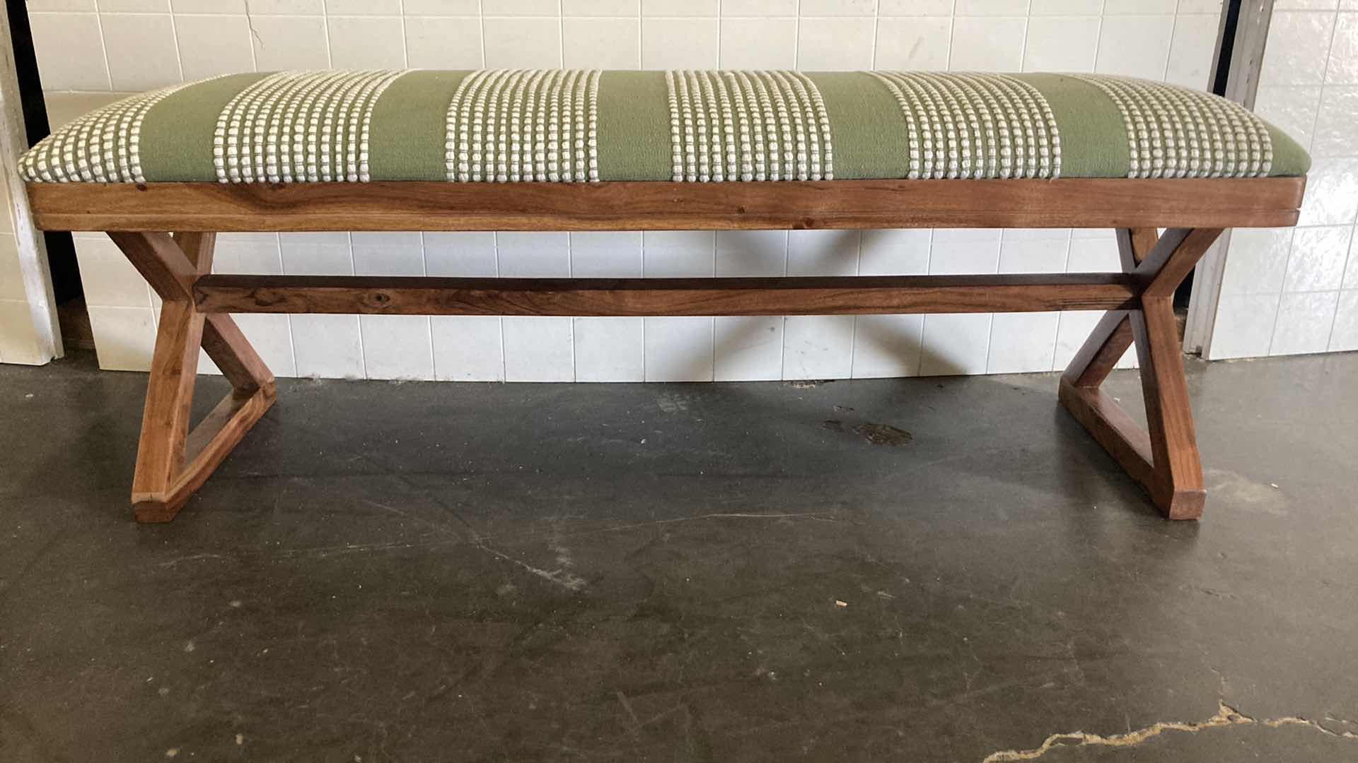 Photo 2 of RUSTIC STYLE GREEN WHITE STRIPPED WOOD BASE CUSTOM MADE BENCH 48” X 16” H18”