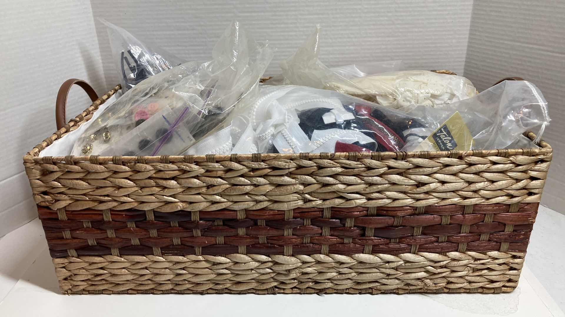 Photo 9 of FABRIC ZIPPERS, BUTTONS, REMNANTS & ACCESSORIES W WICKER BASKET 21” X 12” H7”