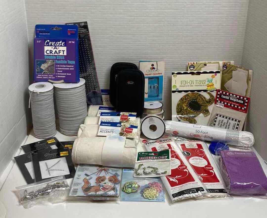 Photo 1 of NEW SEWING & FABRIC ACCESSORIES- VARIOUS PURPOSES W PLASTIC STORAGE CONTAINERS (2) 14” X 8” H4”