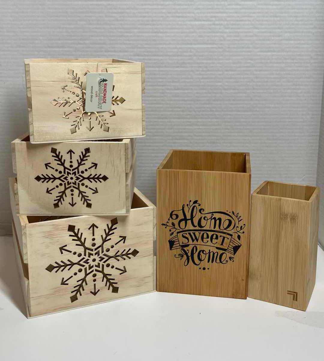 Photo 1 of NEW HANDMADE HOLIDAY CRAFT WOOD DECOR BOXES (3) W NATURAL WOOD BOXES (2)