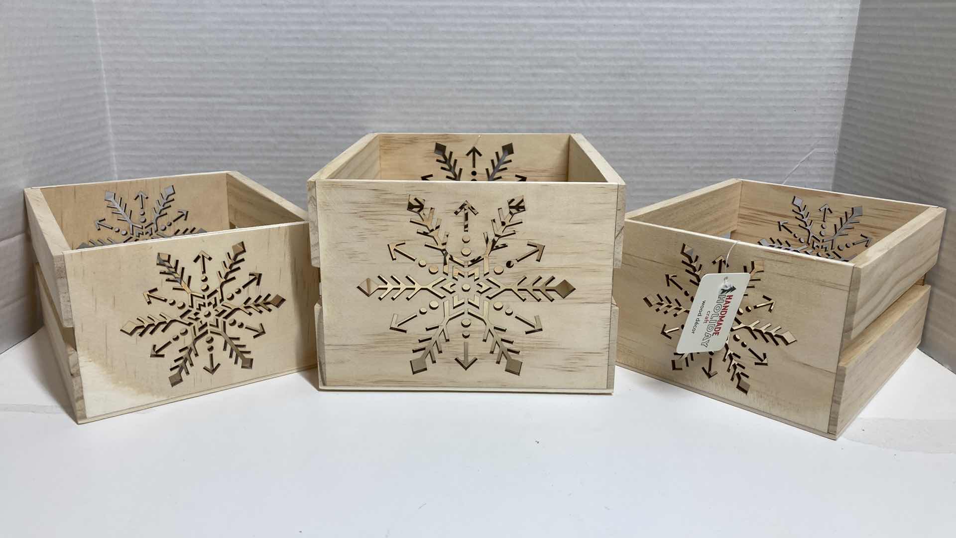 Photo 2 of NEW HANDMADE HOLIDAY CRAFT WOOD DECOR BOXES (3) W NATURAL WOOD BOXES (2)