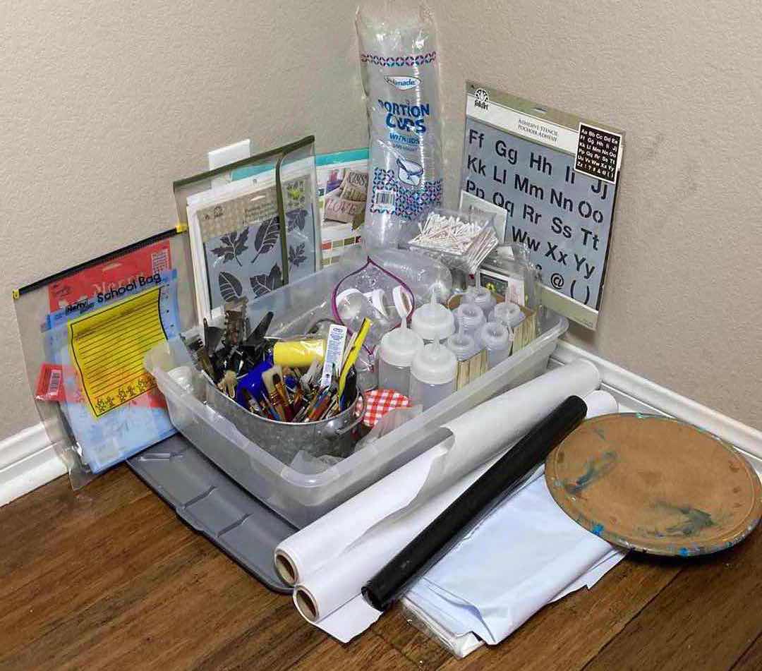 Photo 1 of ARTIST PAINTING SUPPLIES- STENCILS, BRUSHES, TOOLS & CONTAINERS W PLASTIC TOTE 22” X 16” H7”