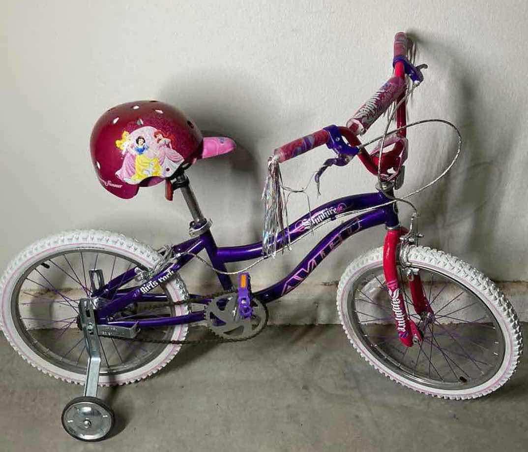 Photo 1 of DYNACRAFT AVIGO SAPPHIRE GIRLS ROCK KIDS BICYCLE W TRAINING WHEELS & DISNEY PRINCESSES HELMET