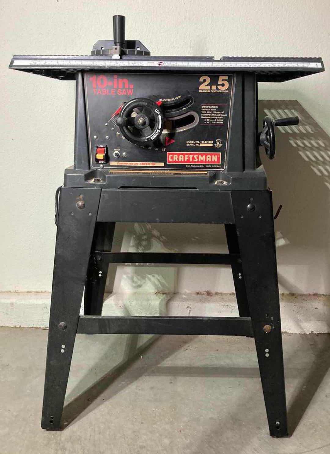 Photo 1 of CRAFTSMAN 10” TABLE SAW MODEL 137.221960 W ATTACHED HEAVY-DUTY STEEL STAND 26” X 21” H35”