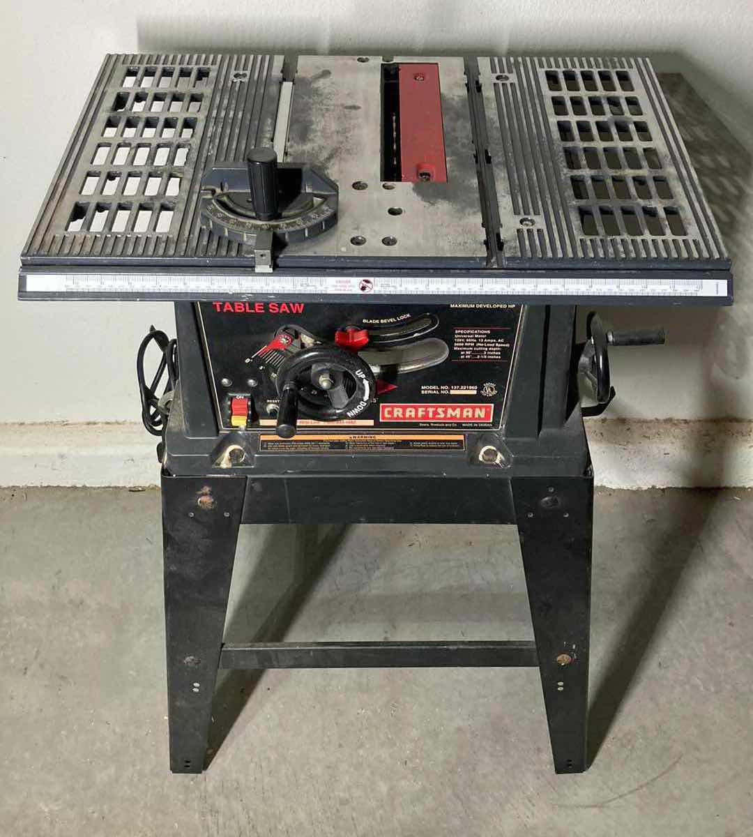 Photo 2 of CRAFTSMAN 10” TABLE SAW MODEL 137.221960 W ATTACHED HEAVY-DUTY STEEL STAND 26” X 21” H35”