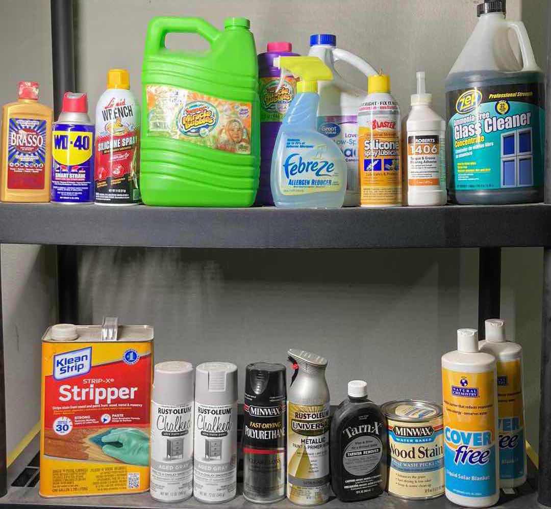 Photo 1 of CONTENTS OF SHELF- PAINT & HOUSEHOLD CLEANING SOLUTIONS