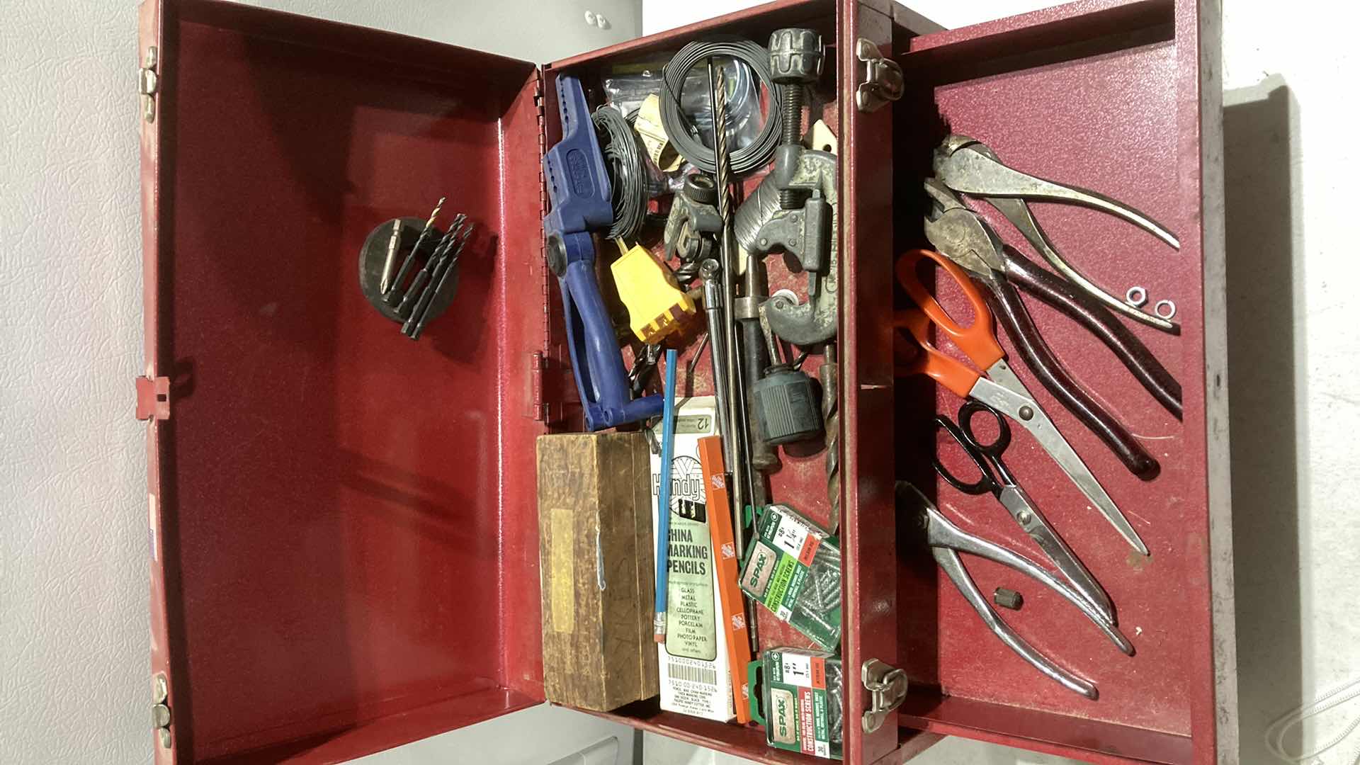 Photo 2 of ALL TRADE RED STEEL TOOL BOX W TOOLS & HARDWARE 16” X 9” H11”