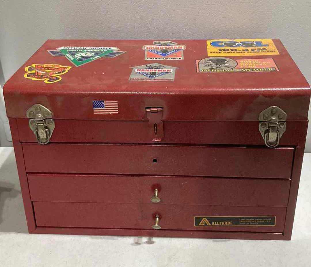 Photo 1 of ALL TRADE RED STEEL TOOL BOX W TOOLS & HARDWARE 16” X 9” H11”