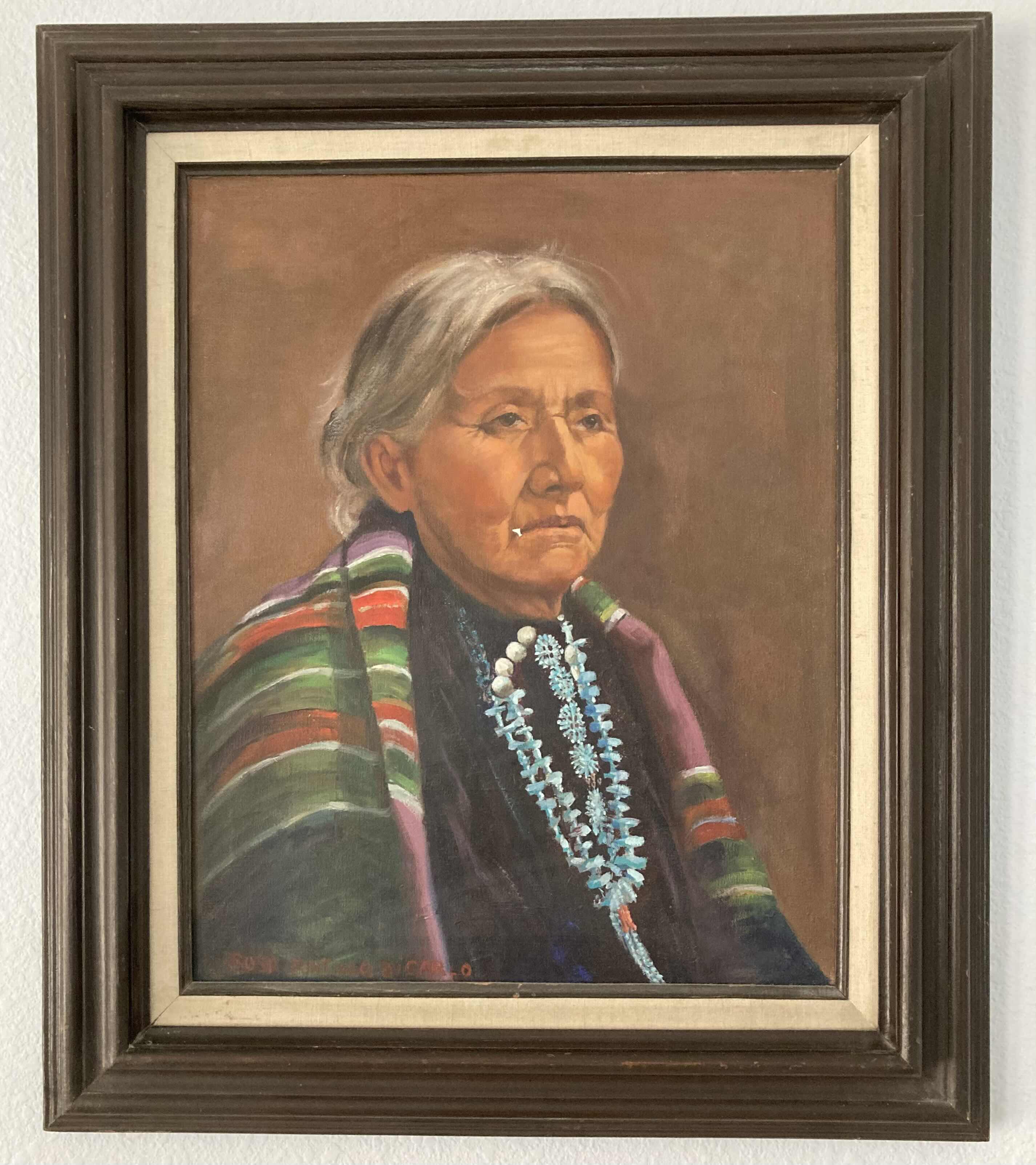 Photo 1 of ELDERLY NATIVE AMERICAN WOMEN PAINTING FRAMED ARTWORK SIGNED BY ROSA POMTILLO DICARIO 23” X 27”