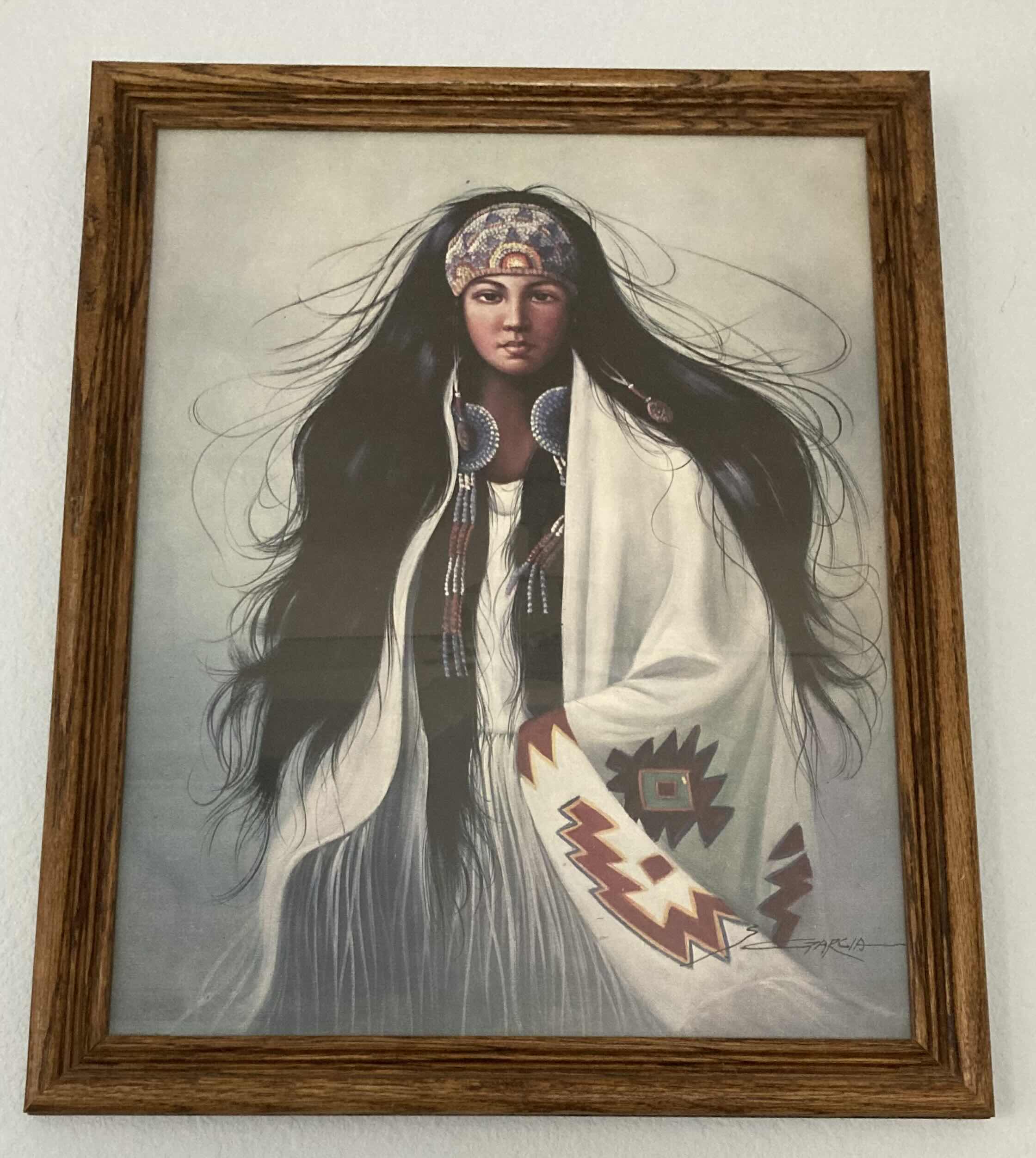 Photo 1 of NATIVE AMERICAN MAIDEN WOMAN PAINTING FRAMED ARTWORK SIGNED BY GARCIA 18.5” X 23”