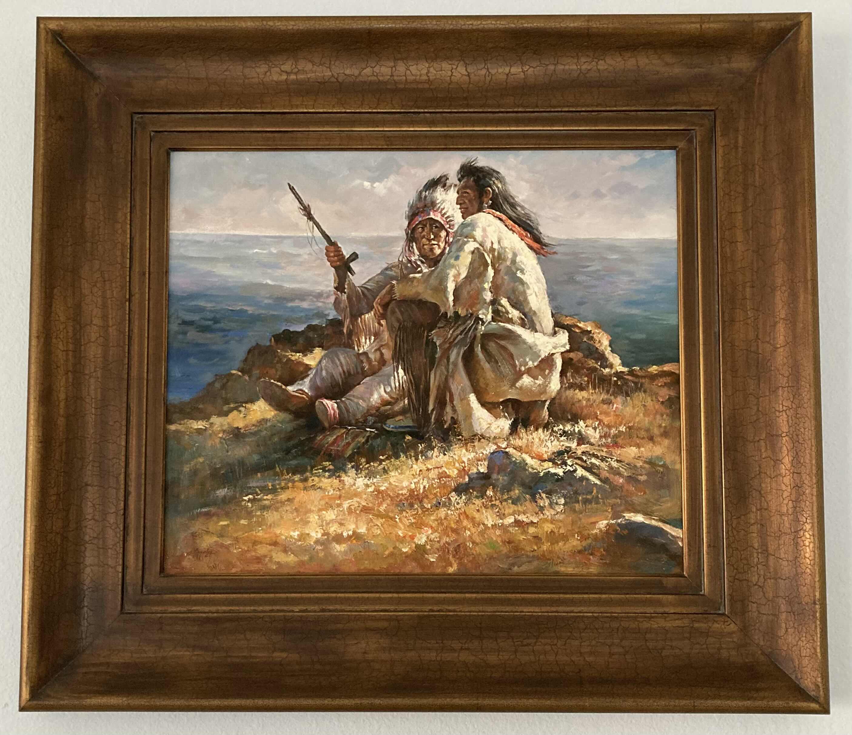 Photo 1 of NATIVE AMERICAN BROTHERS OIL PAINTING FRAMED ARTWORK SIGNED BY ARTIST 35” X 31”