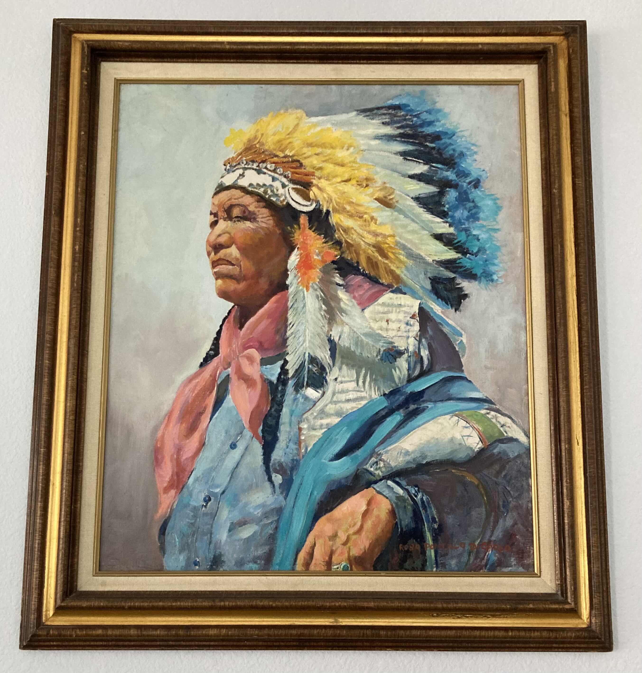 Photo 1 of NATIVE AMERICAN BIG CHEF OIL PAINTING FRAMED ARTWORK SIGNED BY ROSA POMTILLO DICARIO 27” X 31”