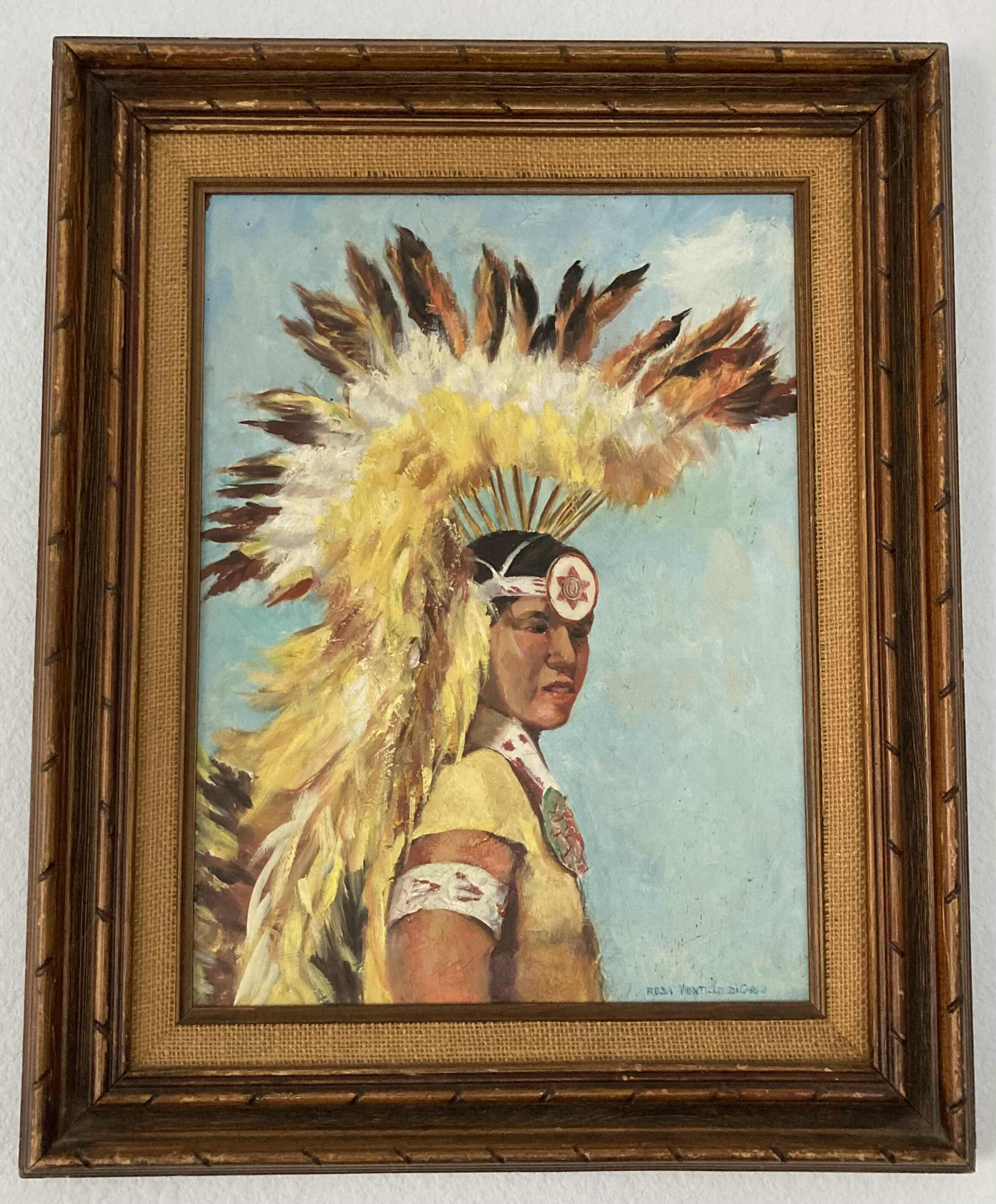 Photo 1 of NATIVE AMERICAN OIL PAINTING FRAMED ARTWORK SIGNED BY ROSA POMTILLO DICARIO 17.5” X 22”