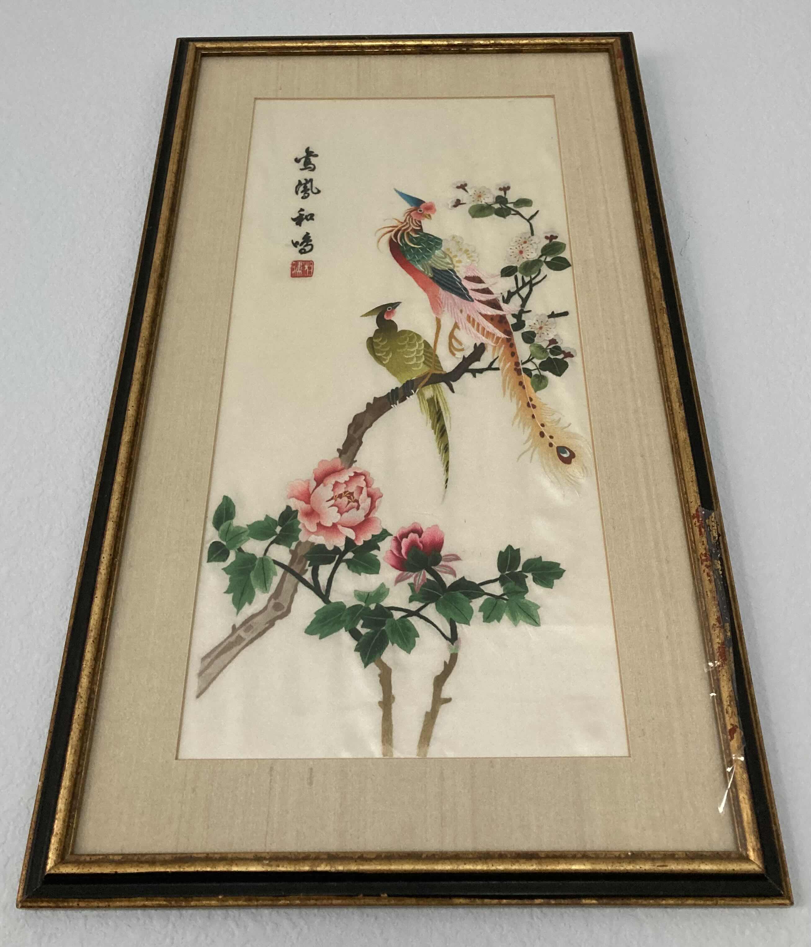 Photo 1 of SILK FLOWER & PEACOCK FRAMED ARTWORK 14.25” X 24.25”