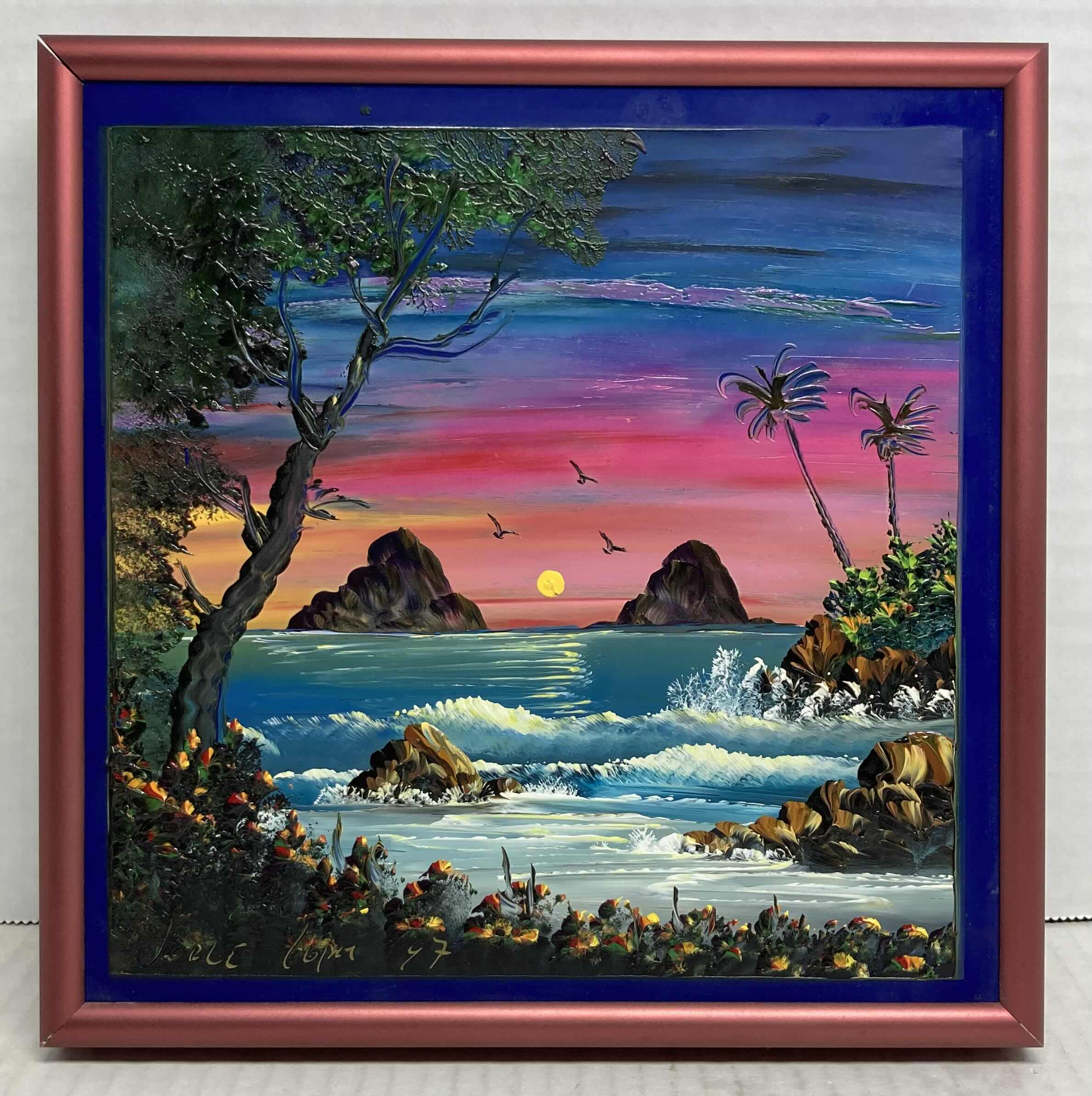 Photo 1 of OCEAN SUNRISE TILE FINGER PAINTING FRAMED ARTWORK SIGNED BY JORGE LOPEZ 8.25” X 8.25”