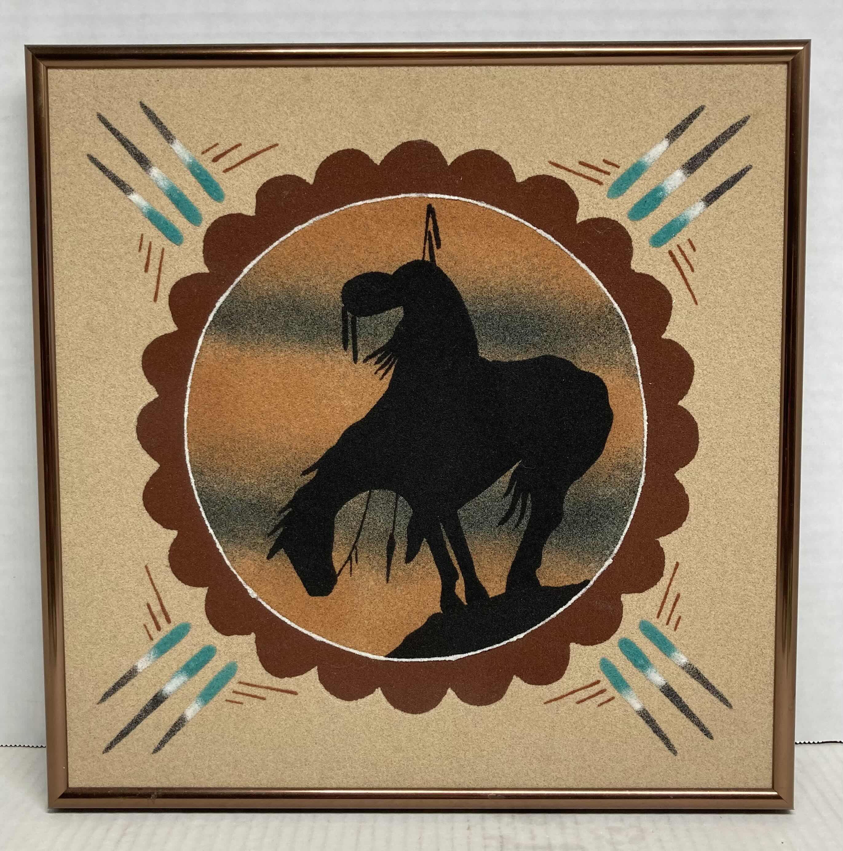 Photo 1 of END OF THE TRAIL NATIVE AMERICAN SAND PAINTING BY S. THOMAS 12” X 12”
