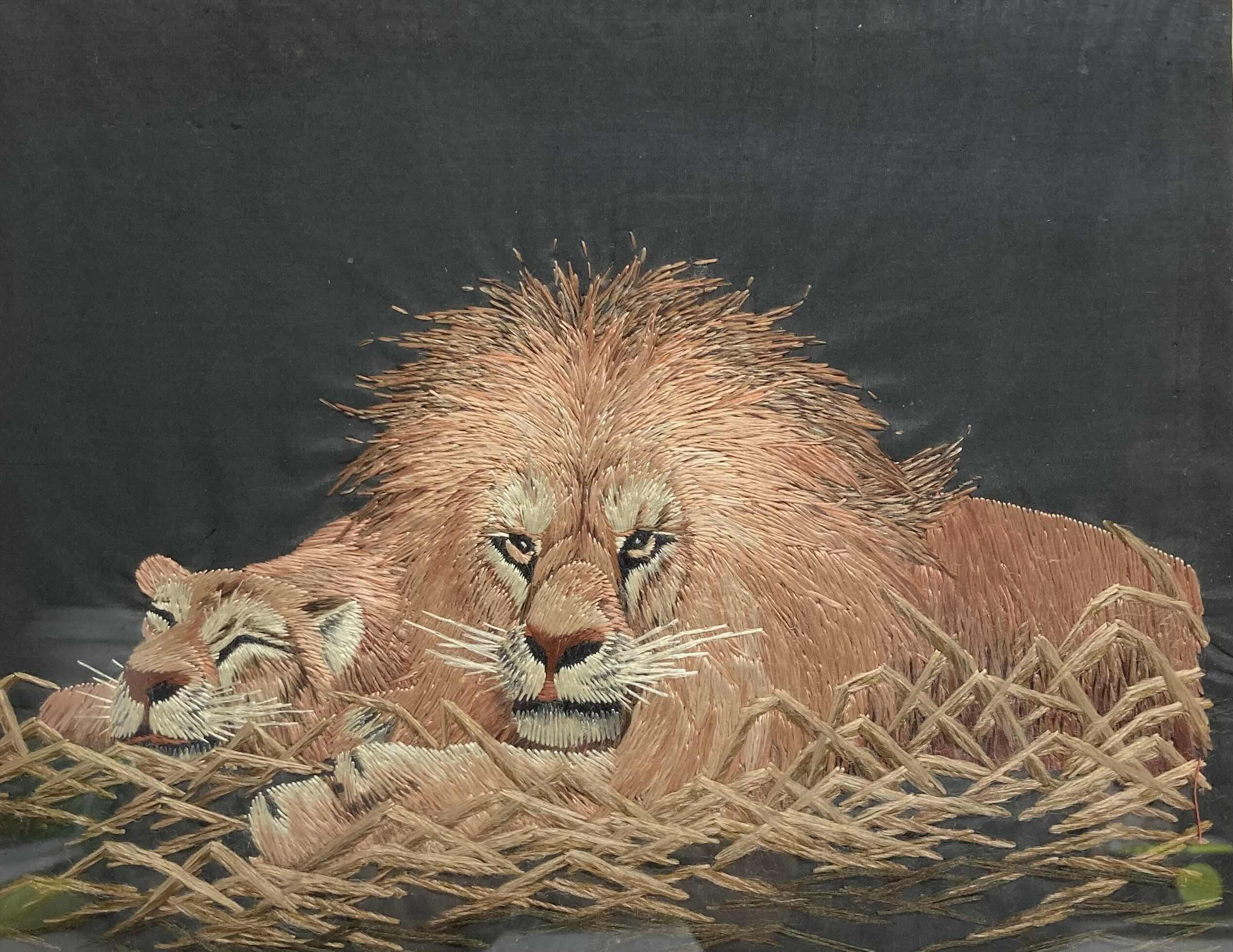 Photo 2 of LION & LIONESS HAND STITCHED FRAMED ARTWORK 12.5” X 11”