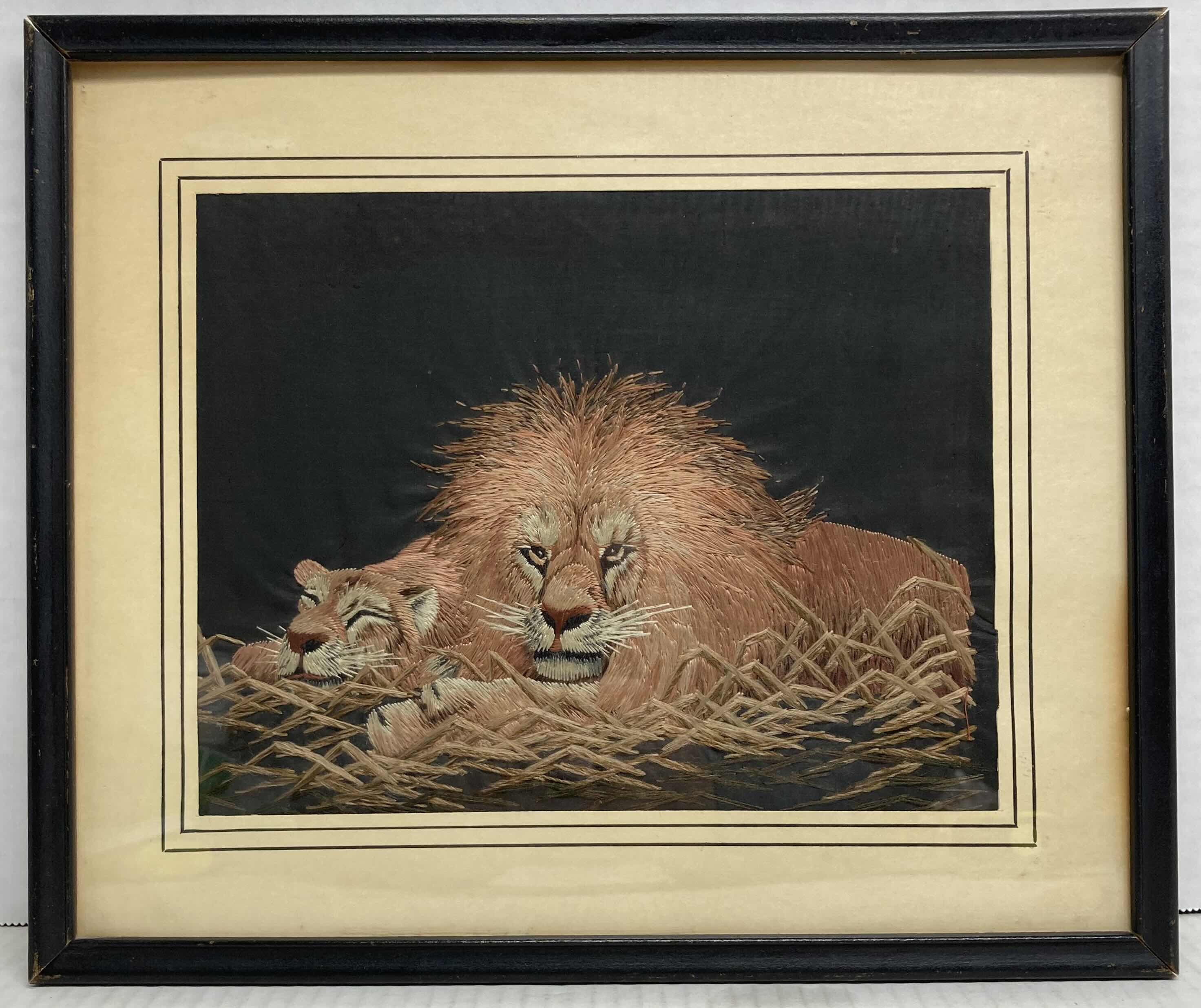 Photo 1 of LION & LIONESS HAND STITCHED FRAMED ARTWORK 12.5” X 11”