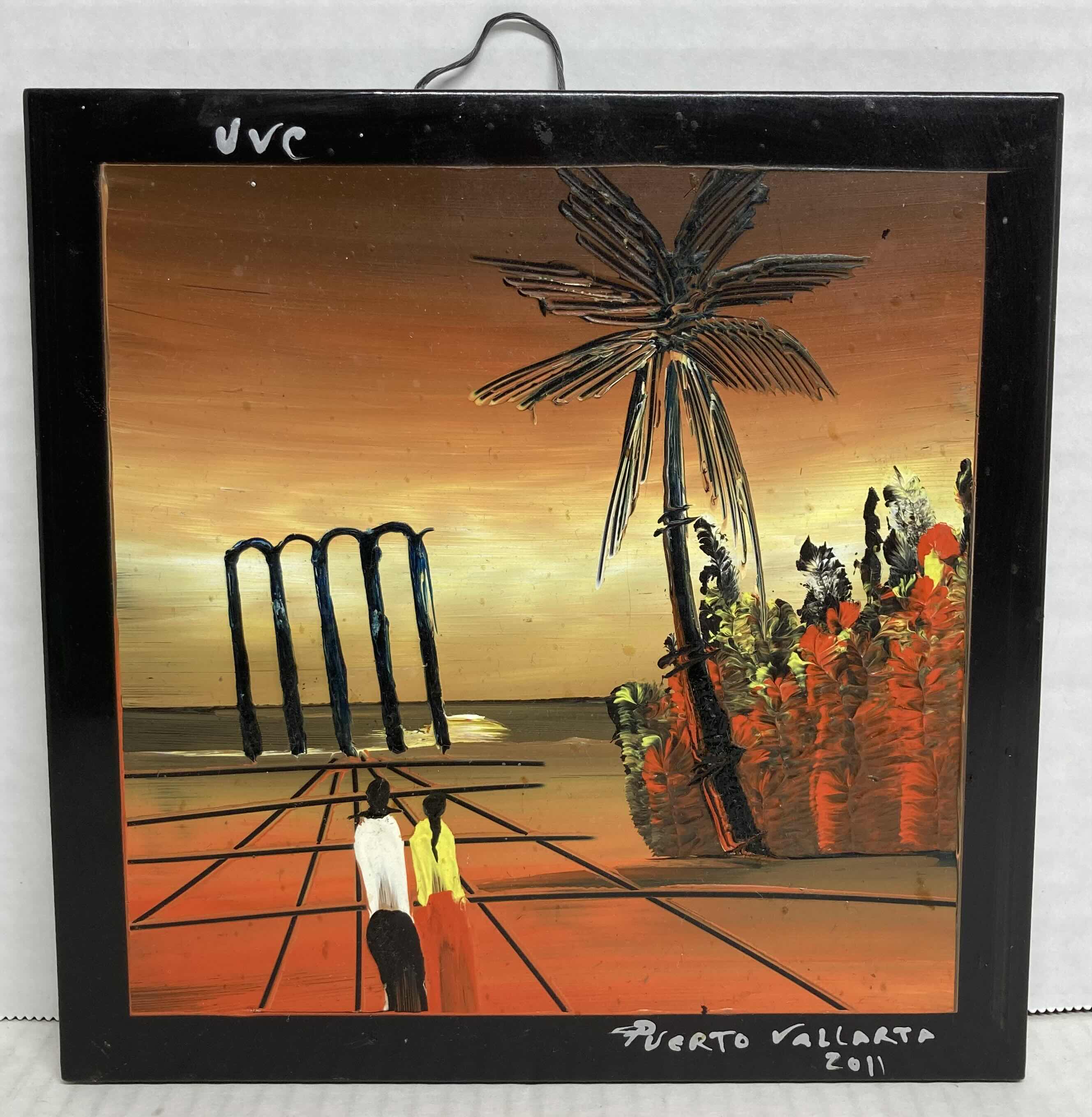 Photo 1 of TROPICAL SUNSET COUPLE TILE FINGER PAINTING PUERTO VALLARTA SIGNED BY ARTIST 2011 8” X 8”