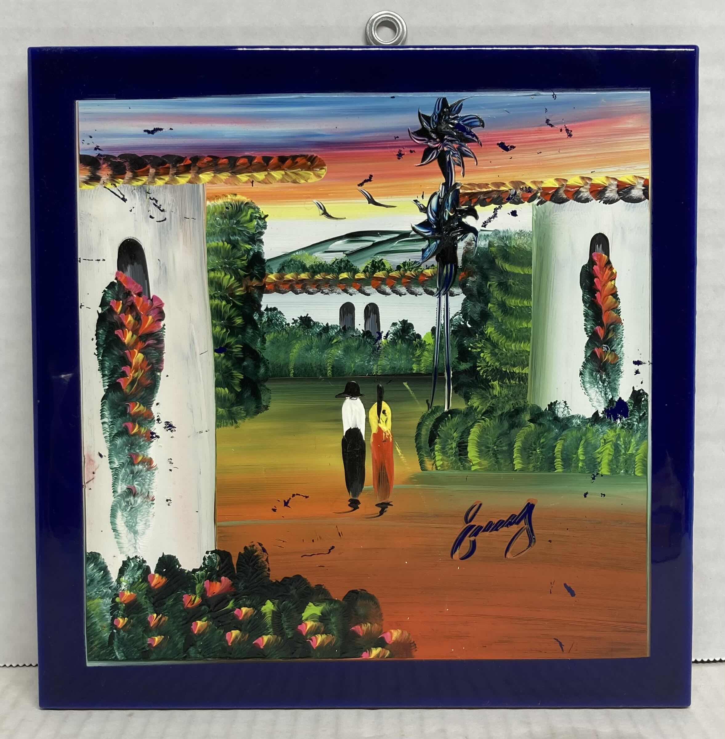 Photo 1 of TROPICAL COUPLE TILE FINGER PAINTING SIGNED BY ARTIST 8” X 8”